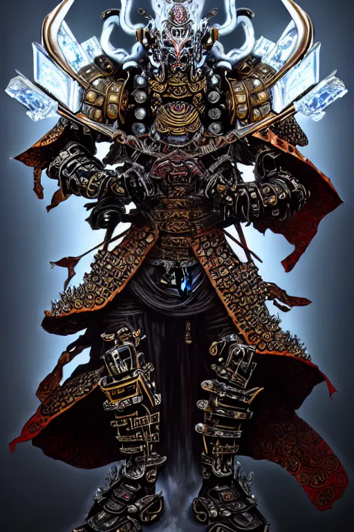 Image similar to asura from chinese myth, ancient japanese samurai, luxurious armor mixed with leather and metal, gothic diablo art, rococo art, cyberpunk, mecha, halfturn portrait of a big crystal face made of crystals half - turn, ominous, intricate, studio, art by anthony macbain + greg rutkowski + alphonse mucha, concept art, 4 k, sharp focus