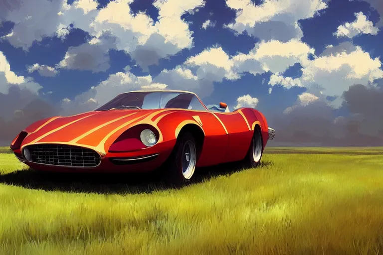 Prompt: hyperdetailed clouds, grassy plain, late afternoon, hyperdetailed 1 9 6 7 ferrari, smooth, digital painting, artstation, by lois van baarle, studio ghibli, alejandro burdisio