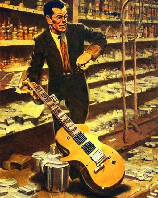 Prompt: Snake Oil salesman shredding on a Gibson Les Paul in a snake oil warehouse, snakes and oil everywhere, painting by Frank Frazetta