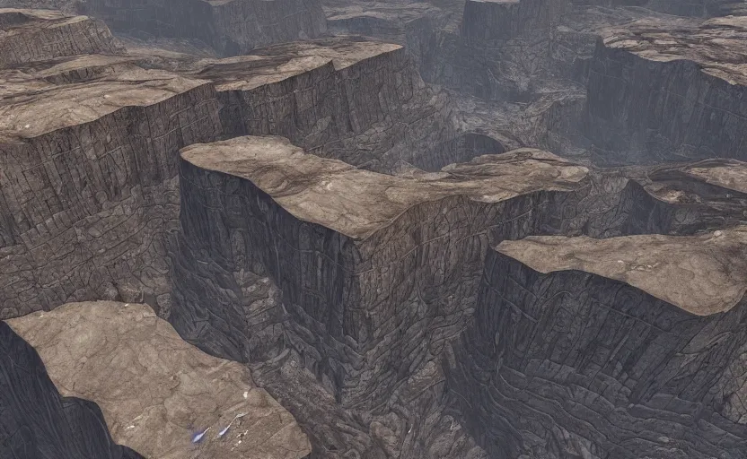 Prompt: A vast canyon made of obsidian, landscape, unreal engine, megascans, quixel
