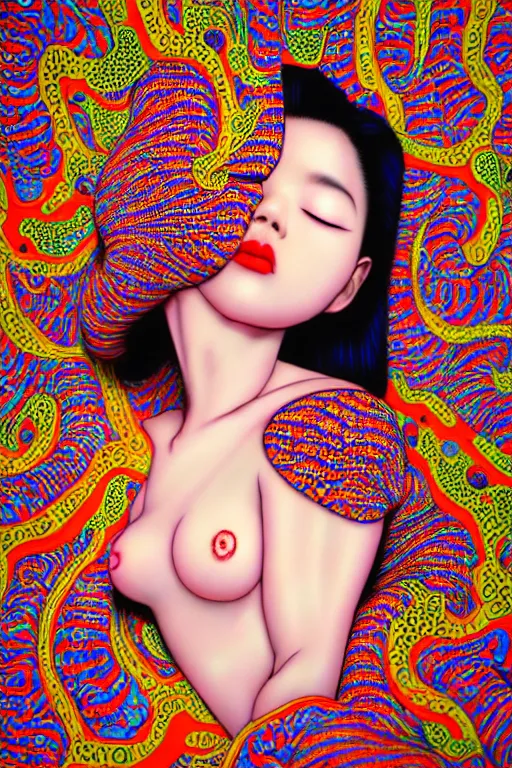 Prompt: realistic detailed image of a geisha laying down in a padded room, conjuring psychedelic background, part by yayoi kusama, part by alex gray, part by ross tran, part by james jean, ultra realistic, highly detailed, life like face, detailed body, 8 k, trending on artstation, very cohesive, masterpiece