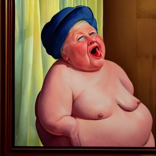 Image similar to of a very funny oil painting of a sweet fat old woman kissing herself. symmetrical face, red mouth, blue eyes. a flowered dress. a hyper - realistic scene. 3 d, octane processing, deep focus, white scene. a very funny and sweet picture. unreal engine. watercolor. fellini cinematic style. poster quality. freud painting style.