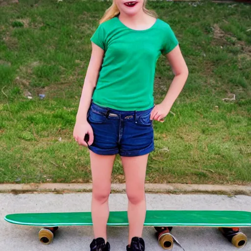 Prompt: a blonde girl with curly black hair wears blue shorts and a green t - shirt she wears round glasses and playing skateboard, oil painting