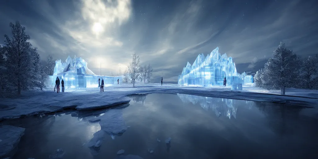 Prompt: very reflective ice palace, aurora sky, very reflective cinematic lighting, atmospheric lighting, focus, ultra realistic, detailed, award winning, trending on artstation, digital art