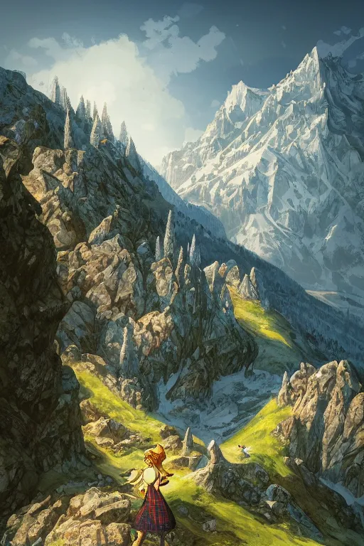 Prompt: an Alm in the Alps in the style of Heidi the cartoon, cartoon, intricate Details, concept art, matte painting, highly detailed, rule of thirds, dynamic lighting, cinematic, detailed, denoised, centerd, clean render