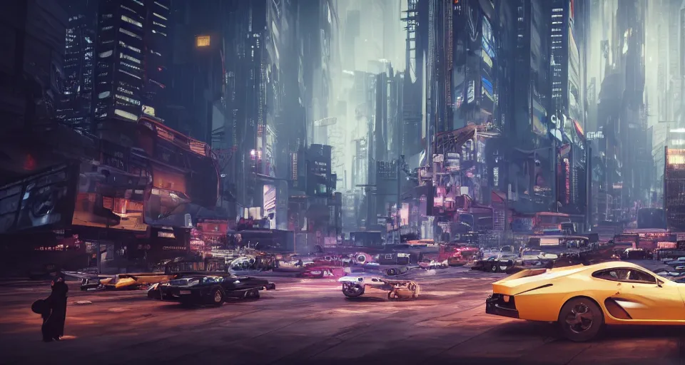 Image similar to An epic, distopian cityscape with many cars in the style of bladerunner with a blond man in a suit in the center and another man in a Trenchcoat talking to hin in secret, unreal 5, DAZ, hyperrealistic, octane render, volumetric clouds, dynamic lighting