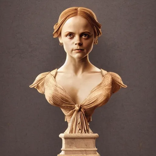 Prompt: beautiful lifelike award winning marble statue bust of christina ricci trending on art station artgerm greg rutkowski alphonse mucha museum quality cinematic atmospheric