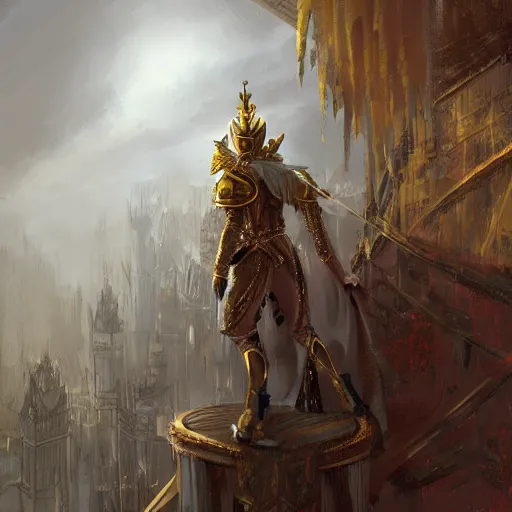 Prompt: A young king in golden armor making a speech from a balcony, fantasy, highly detailed, digital painting, artstation, concept art, illustration, art by Bayard Wu and Marc Simonetti