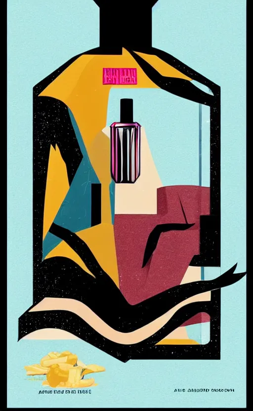 Image similar to illustration, close - up photo with beautiful bottle of perfume near nose, sniffing the aroma, an art deco painting by tom whalen, trending on behance, art deco, digital illustration, storybook illustration, grainy texture, flat shading, vector art, airbrush, pastel, watercolor, poster