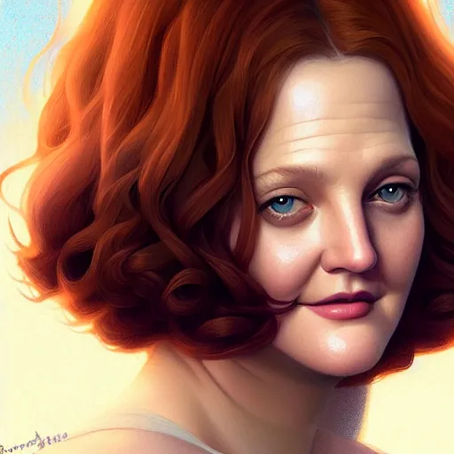 Image similar to beautiful digital portrait painting of drew barrymore as a marshmallow, symmetry! chocolate and graham cracker background, by charlie bowater, ross tran, artgerm, and makoto shinkai, detailed, inked, western comic book art