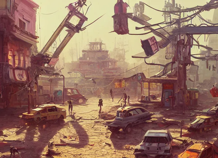 Image similar to painting of of a post apocalyptic futuristic small mexican town cobbled kiosko central town square, studio ghibly and pixar, blade runner 2 0 4 9, san miguel de allende, hanging dia de muertos paper decorations, futuristic colonial city architecture, concept art by atey ghailan, artstation contest winner, concept art, artstation hq, 2 d game art