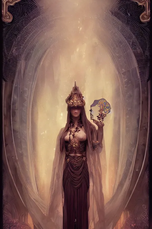 Image similar to tarot card, high priestess, intricate, elegant, highly detailed, concept art, sharp focus, beautiful face!!, digital art, smooth defined outlines!!, by Bastien Deharme, Brom, trending on Artstation, Alphonse Mucha