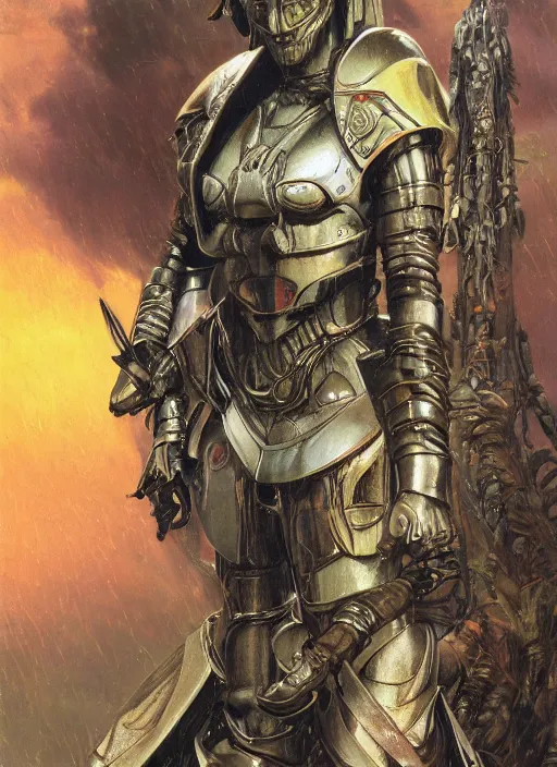 Prompt: biblical diabolical beautiful female valkyree android, slick metal plastic armor, jump, heavy eyes to the side, closeup, bright glowing eyes, in clouds, rain, sunset, portrait, by gerald brom, by mikhail vrubel, by peter elson, muted colors, extreme detail, reflections, trending on artstation, 8 k