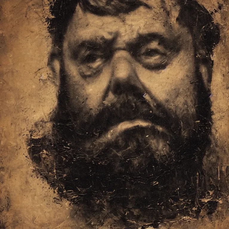 Prompt: Antique tintype of Beautiful warmly lit close up expressionistic studio portrait of very angry! unattractive chubby man with a stubbly beard singing angrily!, impasto oil painting heavy brushstrokes by Cy Twombly and Anselm Kiefer , trending on artstation dramatic lighting abstract Expressionism