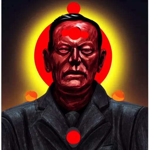 Prompt: yeltsin on an icon with a halo of blood, scary icon in hellish style, scary color art in 4 k