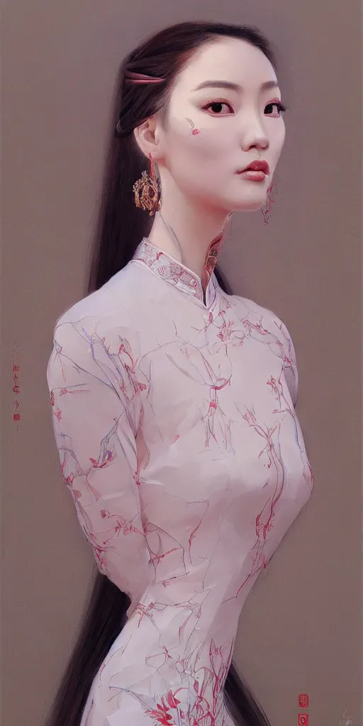 Image similar to yanjun cheng portrait of a beautiful vietnamese woman wearing vietnamese ao dai, intricate, detailed, symmetric face, by wlop and karol bak