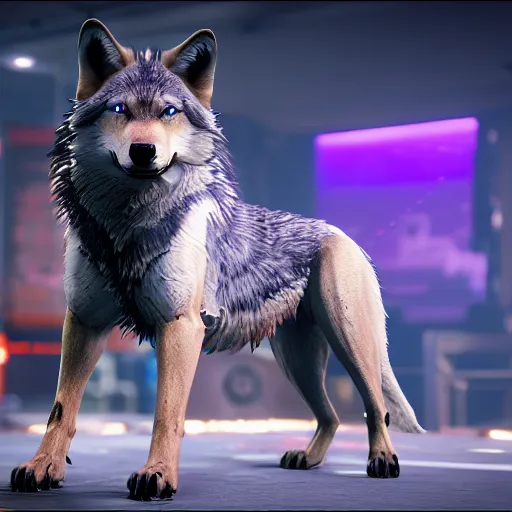 Prompt: 3d render of detective canis lupus wolf in cyberpunk 2077