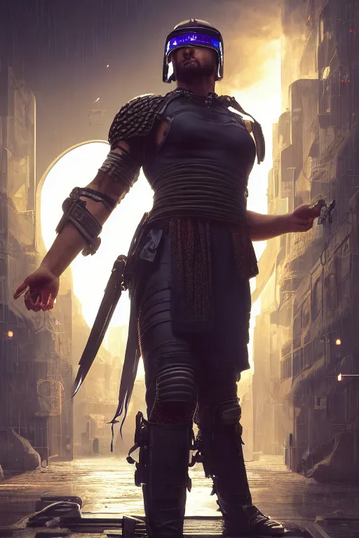 Prompt: A film still roman soldier as a cyberpunk 2077 loading screen, highly detailed, digital painting, artstation, concept art, sharp focus, illustration, cinematic lighting, art by artgerm and greg rutkowski and alphonse mucha diffuse lighting, fantasy, intricate, elegant, highly detailed, lifelike, photorealistic, digital painting, artstation, illustration, concept art, smooth, sharp focus, art by John Collier and Albert Aublet and Krenz Cushart and Artem Demura and Alphonse Mucha