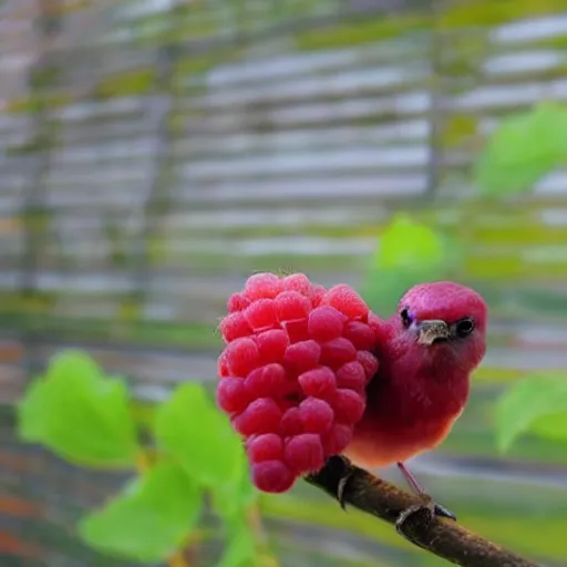 Prompt: photo of a bird made out of raspberries