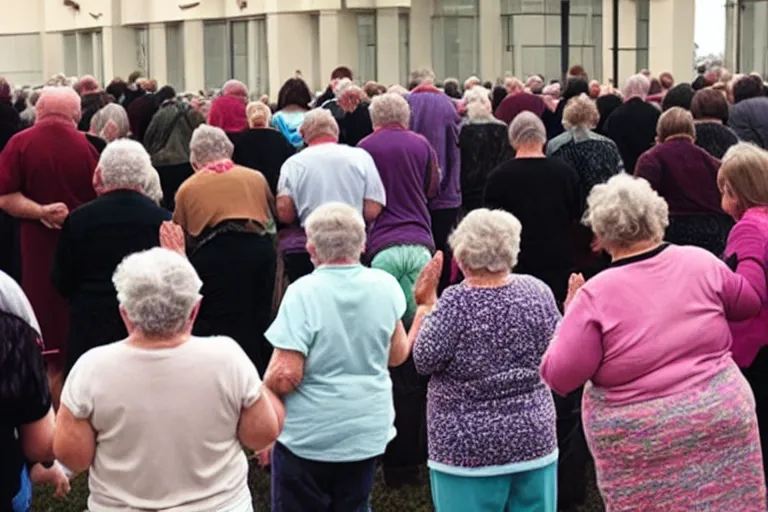 Prompt: people praying for god to resurrect a old lady