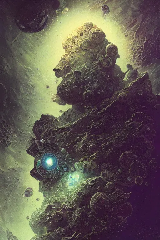 Image similar to close up shot of an astronaut portrait fading into the aether, water elemental, james gurney, peter mohrbacher, mike mignola, black paper, mandelbulb fractal, trending on artstation, exquisite detail perfect, hyper detailed, intricate ink illustration, black background