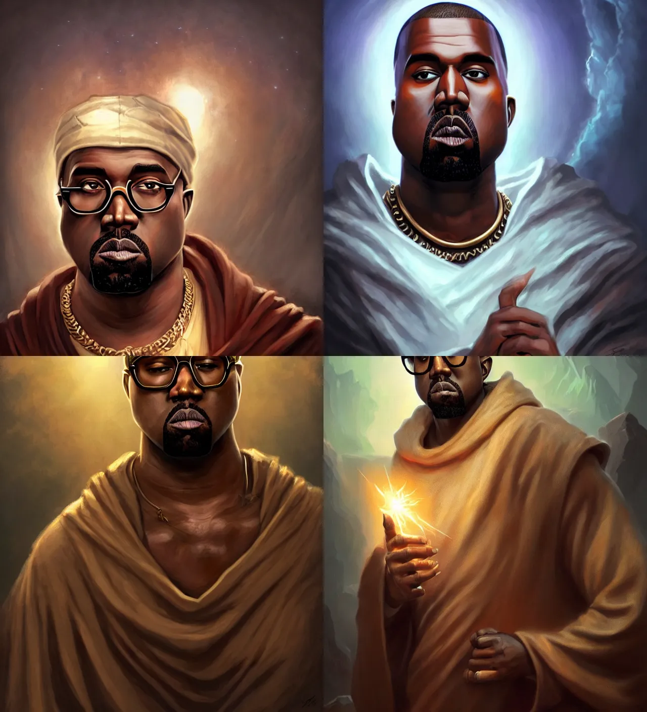 Prompt: kanye west jesus with glasses, dnd character art portrait, matte fantasy painting, deviantart artstation, by jason felix by steve argyle by tyler jacobson by peter mohrbacher, cinema