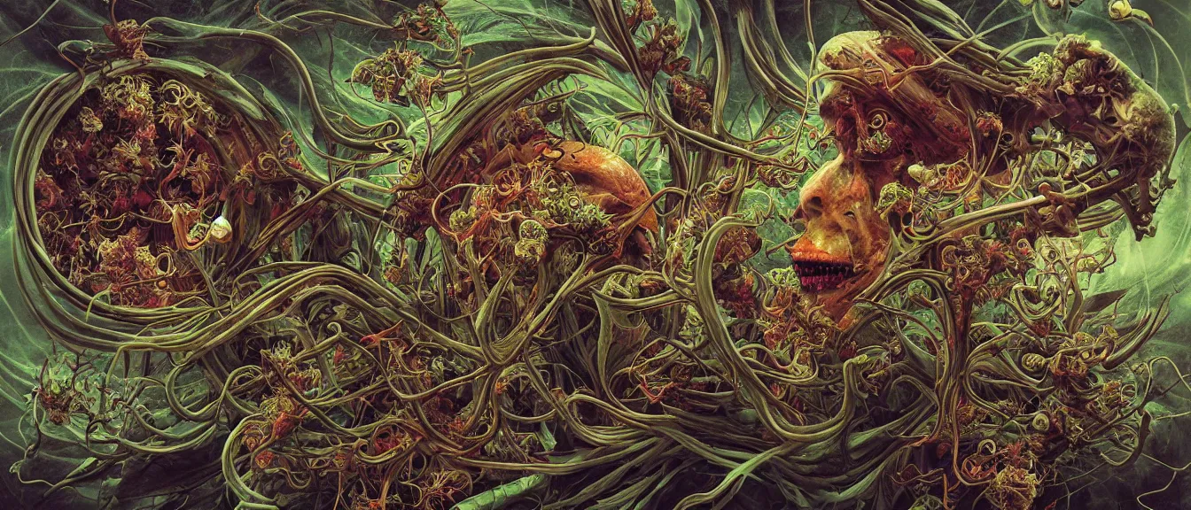 Prompt: cannabis delirium, nightmare anomalies, event horizon, venus flytrap by dariusz zawadzki, kenneth blom, mental alchemy, james jean, pablo amaringo, naudline pierre, contemporary art, hyper detailed