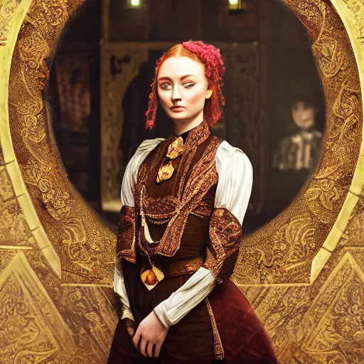Prompt: sophie turner in javanese victorian clothing, hyper realistic, ambient lighting, concept art, intricate, hyper detailed, smooth, dynamic volumetric lighting, octane, raytrace, cinematic, high quality, high resolution, 4 k, cgsociety, rutkowski, gurney