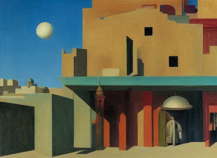 Image similar to old baghdad, clouds, bird, open ceiling, strange foreign objects, oil painting by edward hopper, chirico and rene magritte