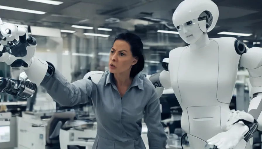 Image similar to big budget action movie about female scientist confronts male ceo about robot photographs