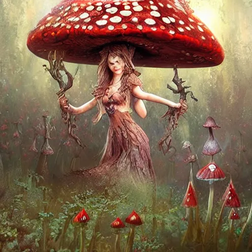 Prompt: a very cute faerie queen in a amanatia muscaria mushroom field, epic fantasy style art by Craig Mullins, fantasy epic digital art, epic fantasy card game art by Greg Rutkowski