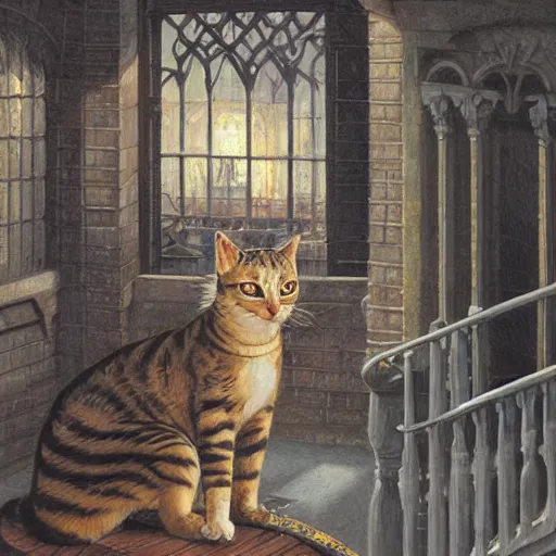 Image similar to detailed face of an intelligent scholarly cat with kind eyes in a architectonic victorian courtyard at a science expo, atmospheric, ambient, pj crook, syd mead, livia prima, artgerm, greg rutkowski, nick alm, casey baugh