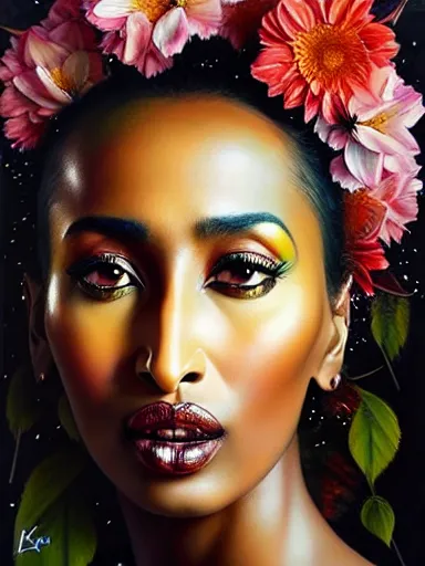 Image similar to portrait of iman with a floral background : : painted by artgerm, karol bak, artur bordalo, sandra chevrier : : portrait, character, illustration, hyperrealism, photorealism