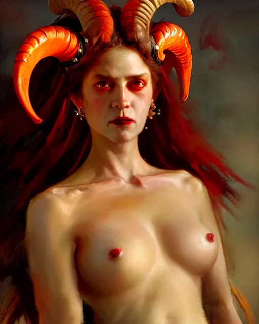 Image similar to painted close - up portrait of an attractive red - skinned intimidating demon girl with ram horns. oil painting, wearing a noblewoman's outfit, fantasy art by greg rutkowski and john singer sargent and gaston bussiere, demon noble character design