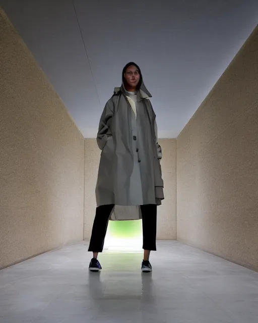 Image similar to Zara raincoat in a deluge set lit with recursive refraction, light installation by James Turrell —mp