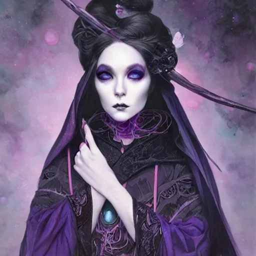 Image similar to a beautiful!! portrait of a blood witch, gothic kimono in purple and black!!!, blue eyes! by loish! and tom bagshaw