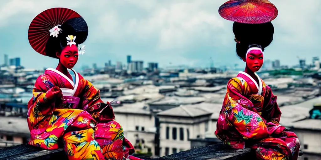 Prompt: movie portrait closeup a beautiful colorful fashion icon jamaican geisha woman is sitting on the top of a roof. beautiful natural skin, the amazing floating neoclassical city, fantasy, steampunk, intricate, amazing composition, gloomy by emmanuel lubezki