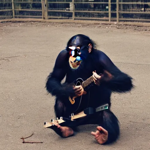 Prompt: chimpanzee with a guitar at a metal concert