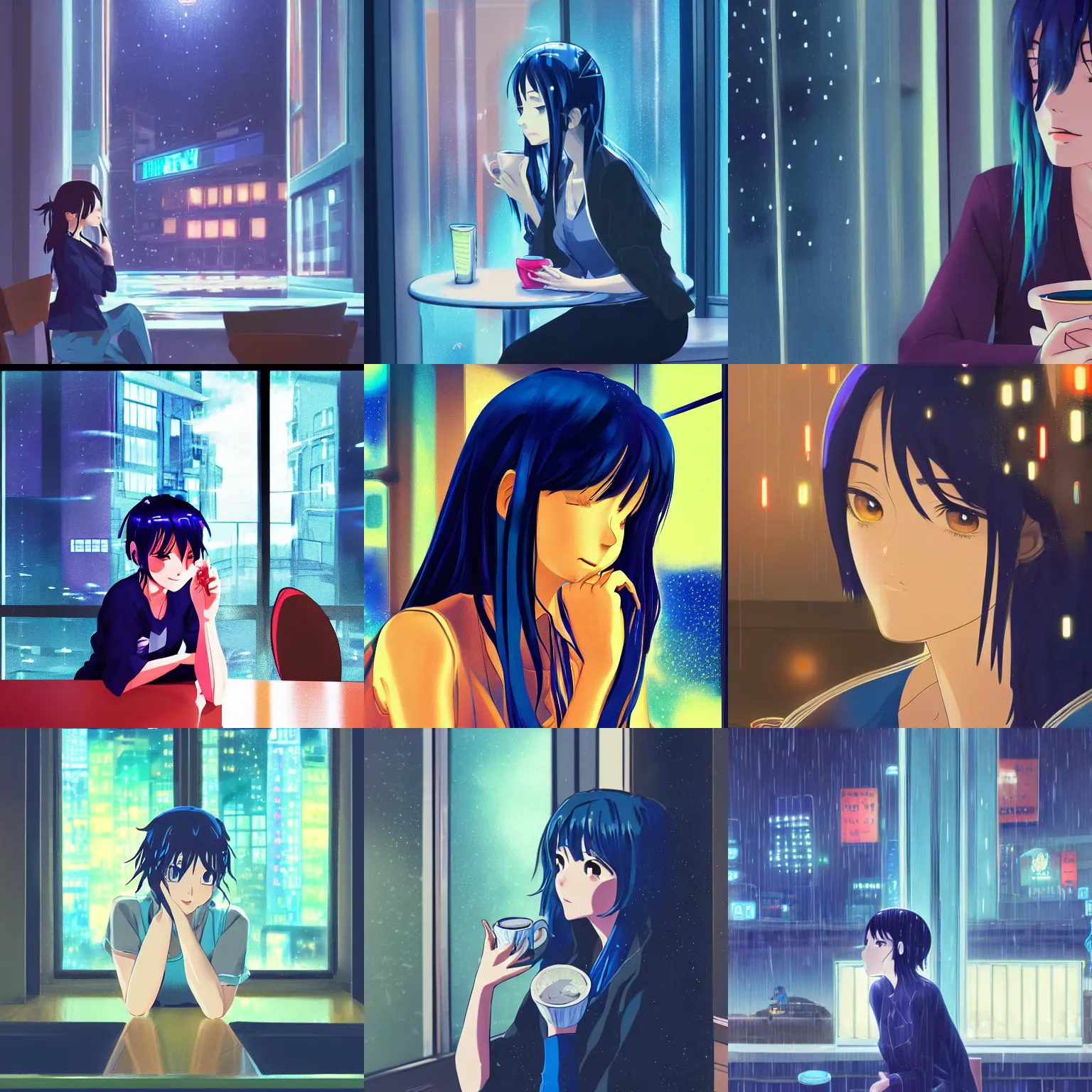 Prompt: beautiful anime portrait of a woman with dark-blue hair sitting in a cafe next to a window, rainy night, outside are neon lights from a dense city, by makoto shinkai, kimi no na wa, artstation, atmospheric, high detail