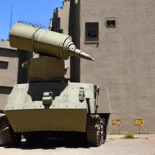 Prompt: photo of a metal castle with phalanx ciws on the walls