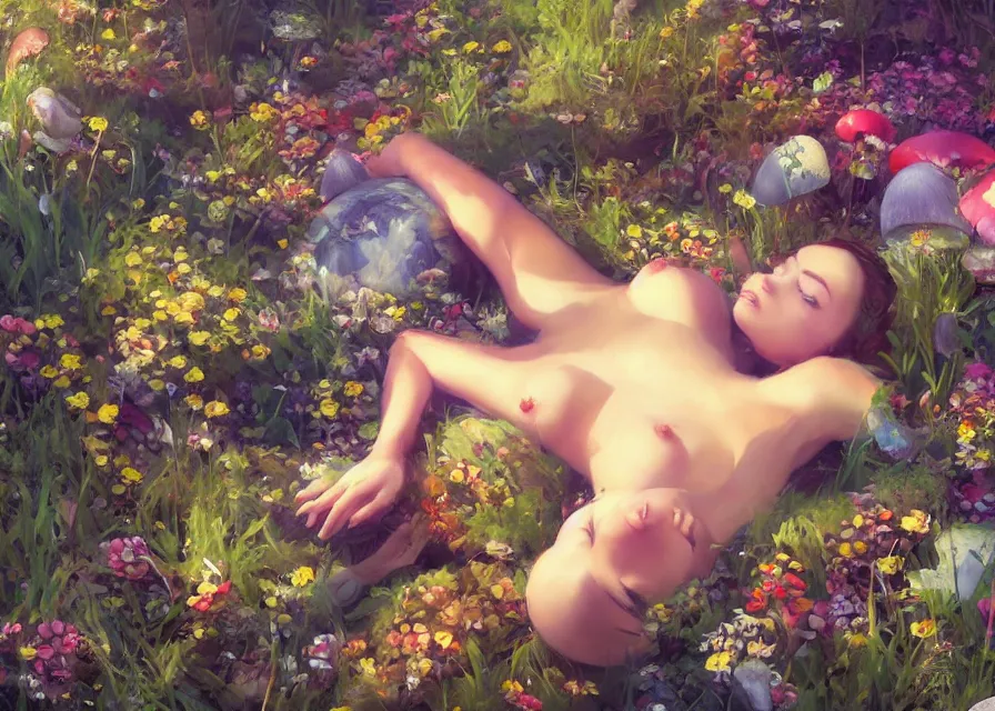 Image similar to painting of A woman laying in a sea of flora from super mario brothers, mushroom kingdom theme, trending on ArtStation, masterpiece, by Greg Rutkowski, by Ross Tran, by Fenghua Zhong, octane, clear eyes, soft render, clear facial features, oil on canvas, moody lighting, cinematic, professional environment concept art