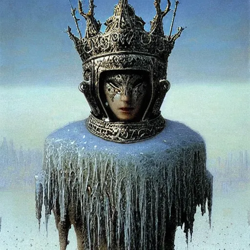 Prompt: ice lord, wearing icy ornamented armor, wearing ice royal crown war helm, beksinski