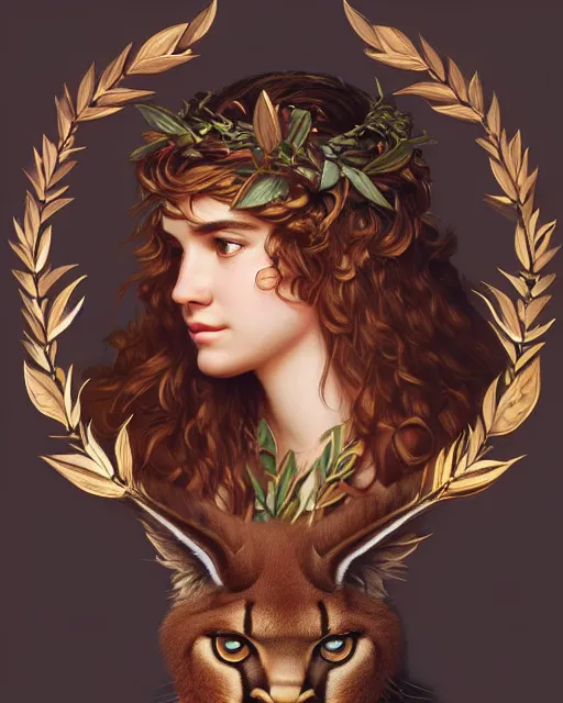 Prompt: a laurel wreath on a head of fluffy caracal, photography of kurzgesagt, deep focus, d & d, intricate, elegant, highly detailed, digital painting, artstation, concept art, matte, sharp focus, illustration, hearthstone, art by artgerm and greg rutkowski and alphonse mucha