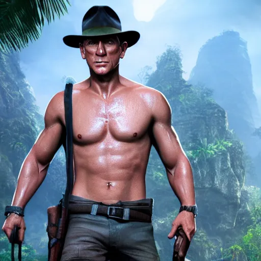 Image similar to daniel craig as indiana jones, octane render, unreal engine, jungle background,