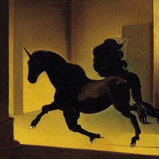 Image similar to a black unicorn in a gold haunted liminal room, digital painting by goya, colors by pontormo, lights by hopper, extreme detail, liminal aesthetic, background art nouveau