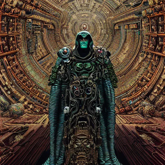 Image similar to symmetric frame of dr doom from Prometheus movie by beksinski, cyborg dr doom in ornate armour, by guo pei and alexander mcqueen metal couture editorial, eldritch epic monumental wallpaper by beksinski by Yuko Shimizu