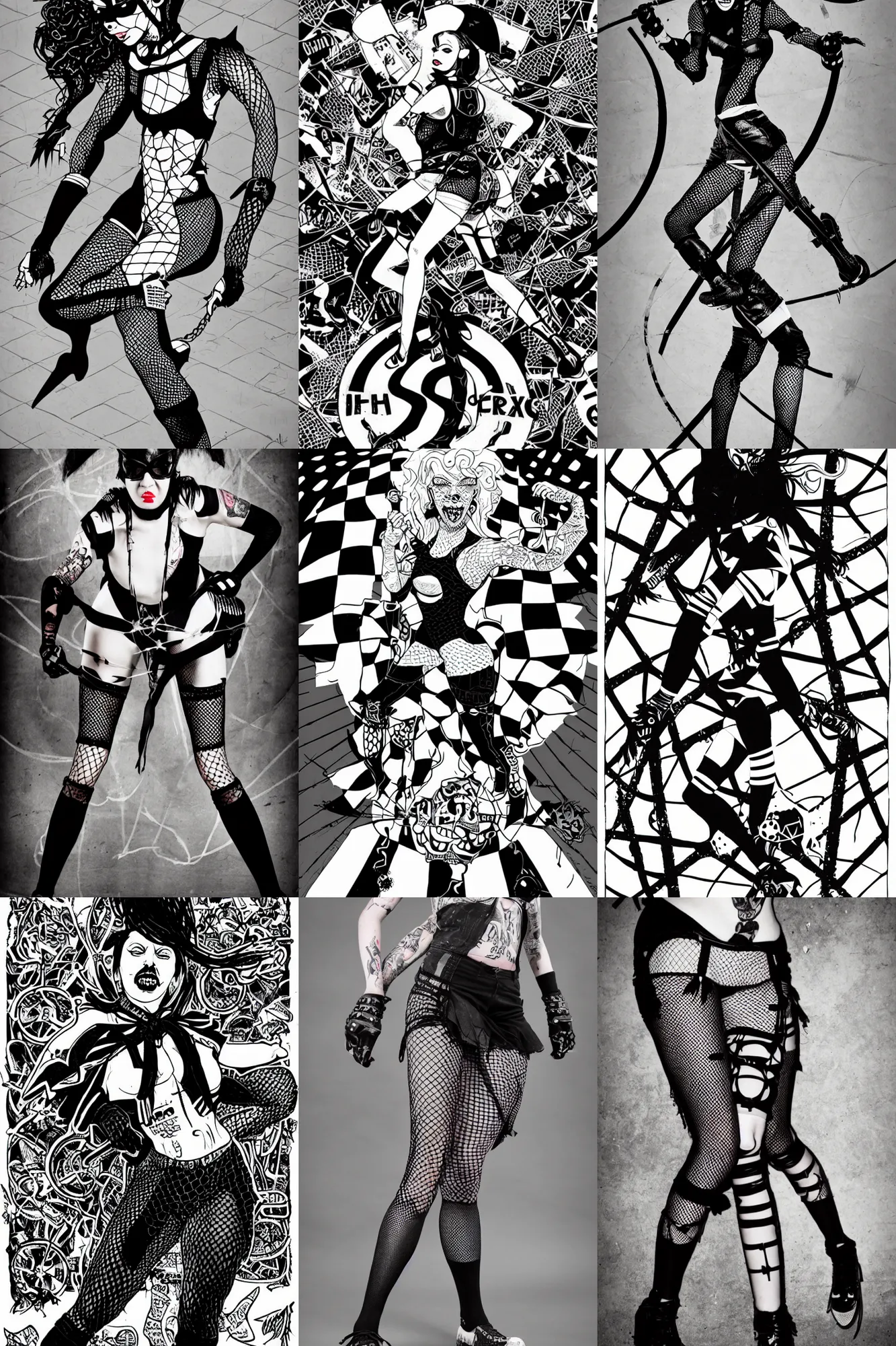 Prompt: goth roller derby girl sprinting Cross-Over, full length portrait, fishnet tights, torn, ripped, crossing the line, mcbess