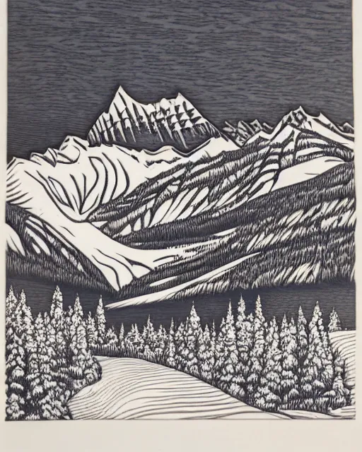 Prompt: an award winning Wood engraving on paper of The Canadian mountains