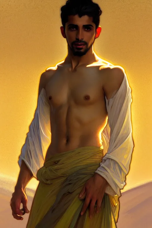 Prompt: full figure beautiful young fit arabian man, fully dressed, luminous scene, by greg rutkowski and alphonse mucha, d & d character, gradient white to gold, in front of a dune desert background, highly detailed portrait, digital painting, artstation, concept art, smooth, sharp focus illustration, artstation hq