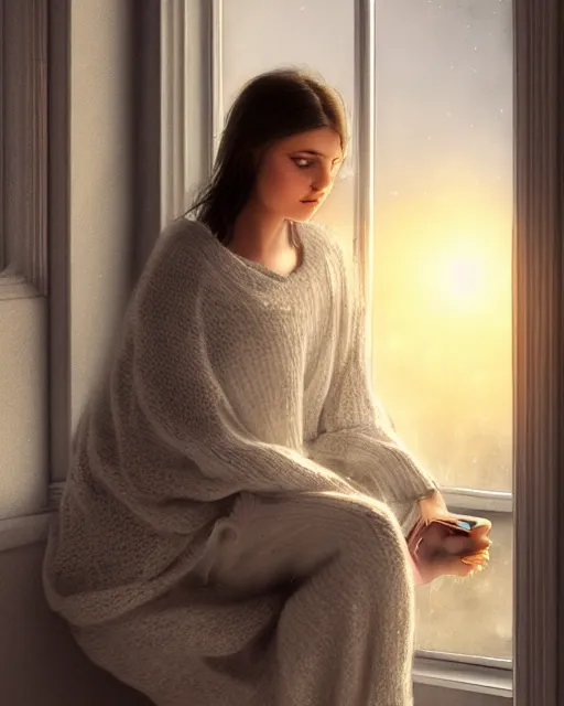 Prompt: photograph of a pretty french girl with dark hair, wearing a loose oversized white sweater, cuddled up by a windowsill sipping a mug of tea during sunset. dramatic lighting, fantasy, intricate, elegant, highly detailed, lifelike, photorealistic, digital painting, artstation, illustration, concept art, smooth, sharp focus, art by John Collier and Albert Aublet and Krenz Cushart and Artem Demura and Alphonse Mucha